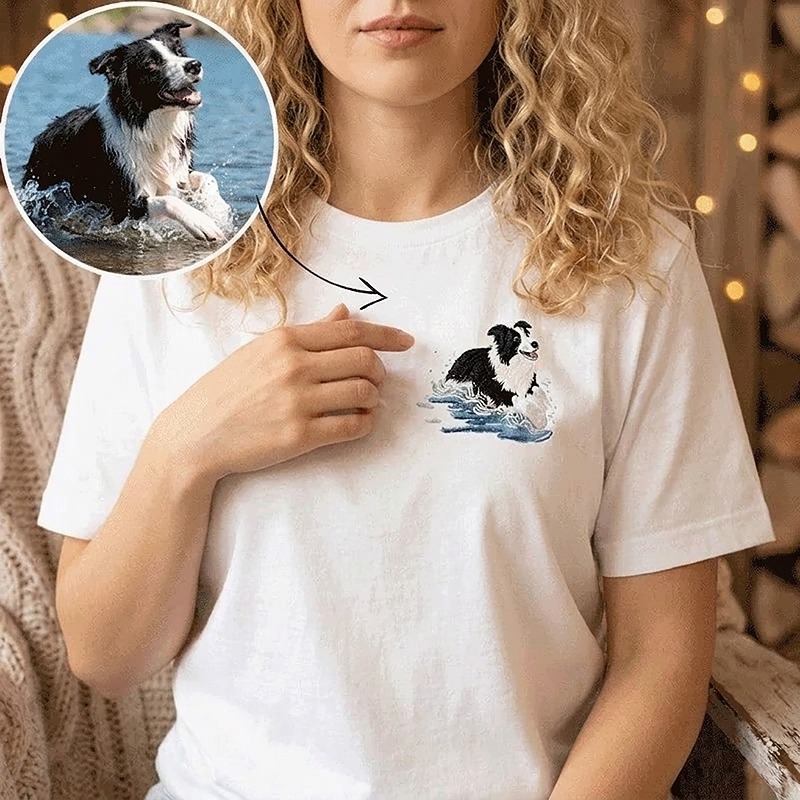 Custom Pet Full Body Embroidery T-shirt Pet Portrait Art Design Gift