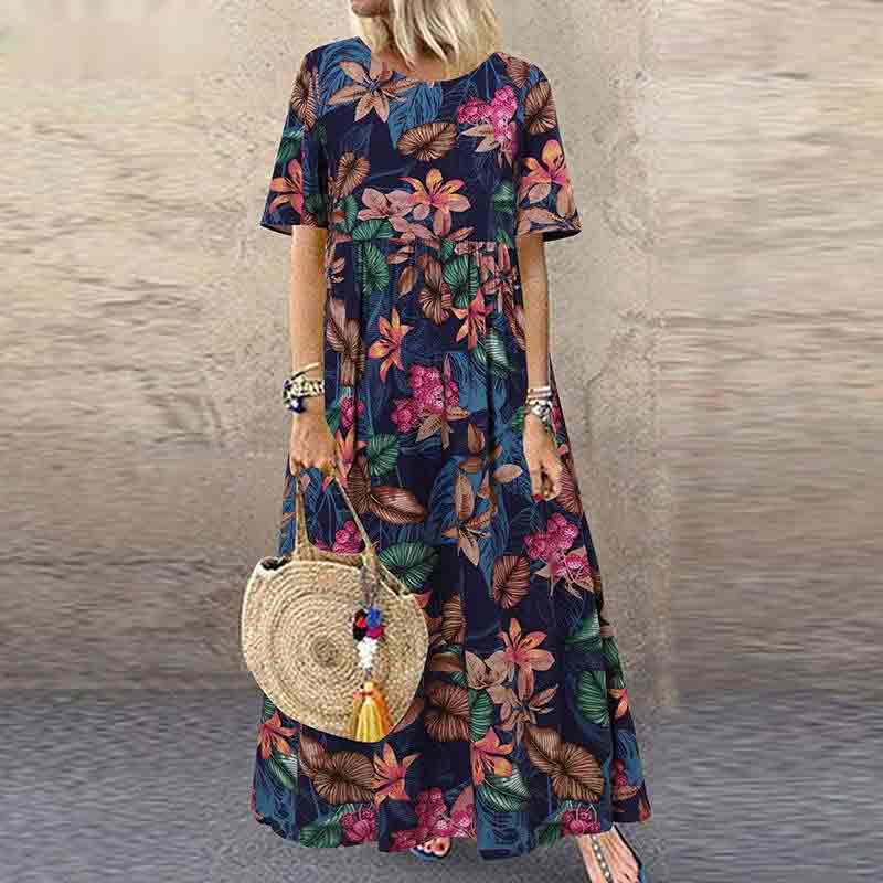 Vintage Floral Printed Loose A-line Maxi Dress