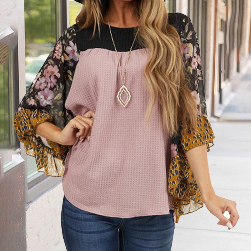 Fashion Printed Ruffle Sleeve Tunic Blouse Color Block Waffle Shirt