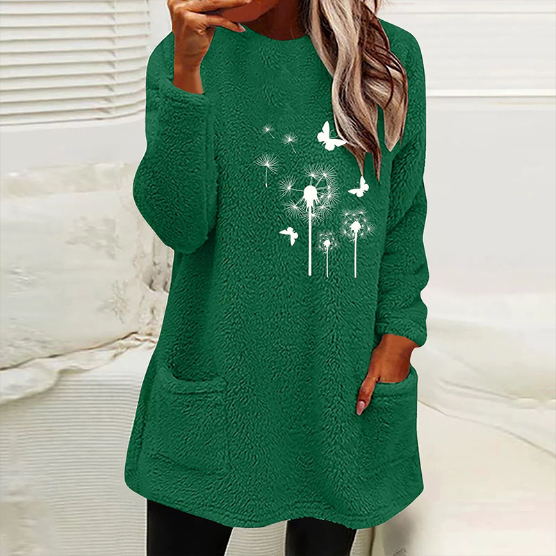Dandelion Printed Plush Warm Autumn Winter Pockets Long Sweatshirt