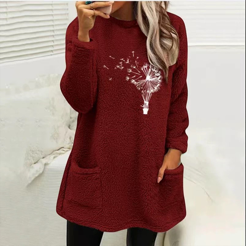 Fashion Dandelion  Printed Plush Warm Autumn Winter Pockets Long Sweatshirt