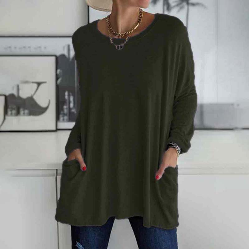 Solid Color Loose Soft Cotton Long Sleeve Pockets Top