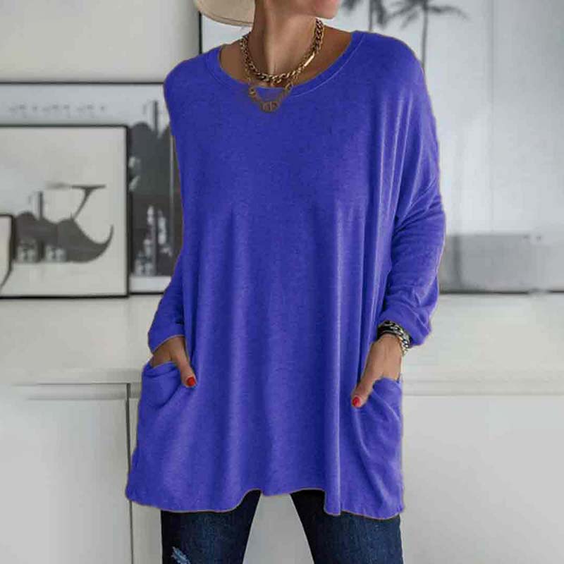 Solid Color Loose Soft Cotton Long Sleeve Pockets Top