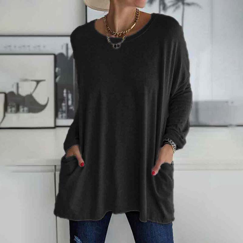 Solid Color Loose Soft Cotton Long Sleeve Pockets Top
