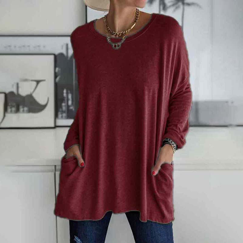 Solid Color Loose Soft Cotton Long Sleeve Pockets Top