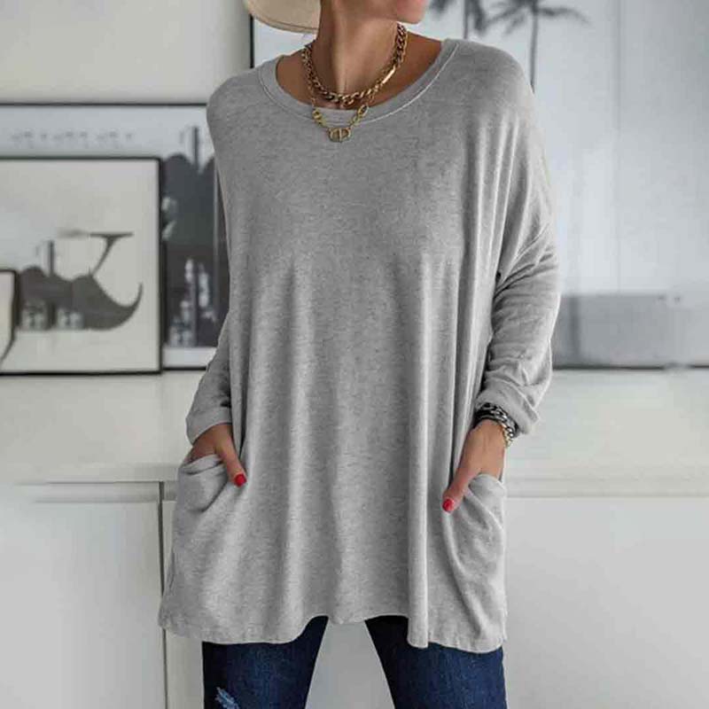 Solid Color Loose Soft Cotton Long Sleeve Pockets Top