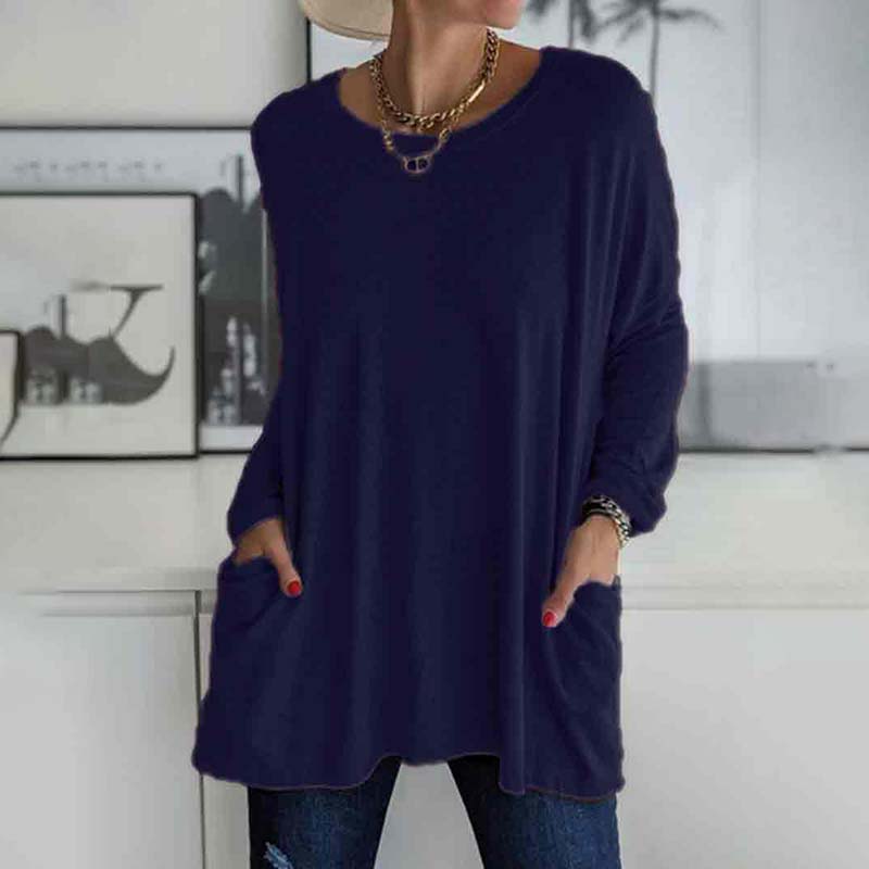 Solid Color Loose Soft Cotton Long Sleeve Pockets Top