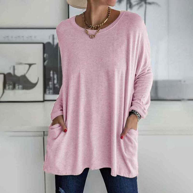 Solid Color Loose Soft Cotton Long Sleeve Pockets Top