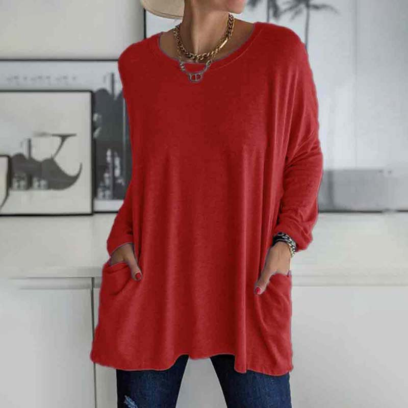 Solid Color Loose Soft Cotton Long Sleeve Pockets Top