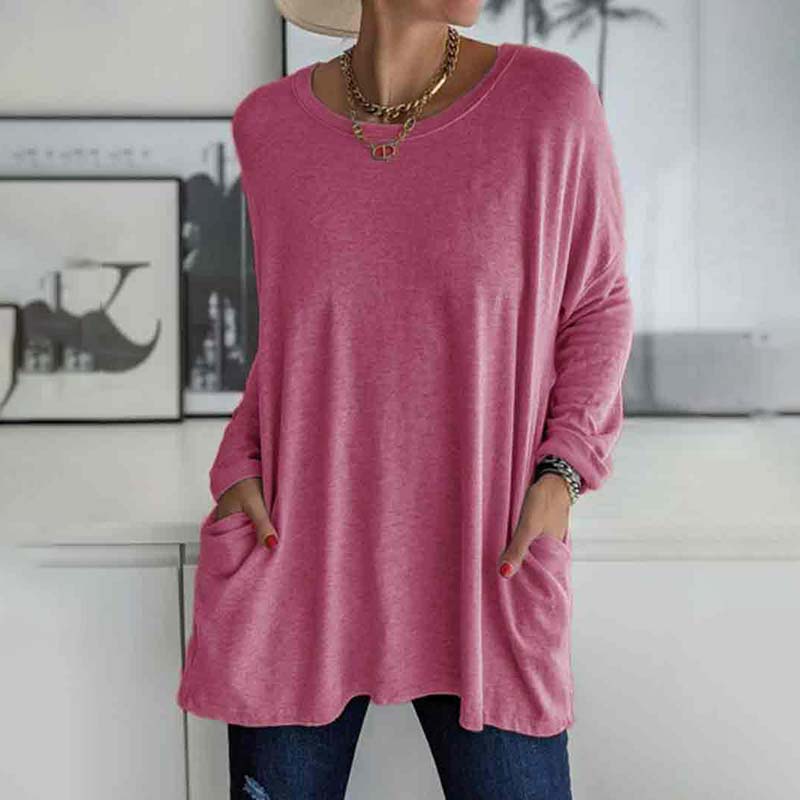 Solid Color Loose Soft Cotton Long Sleeve Pockets Top
