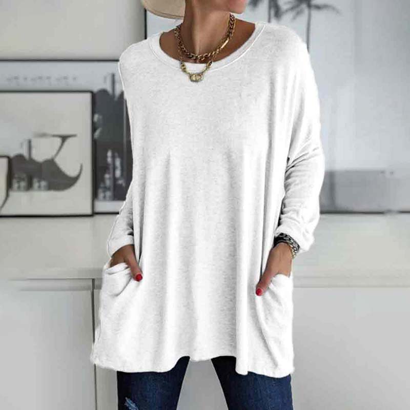 Solid Color Loose Soft Cotton Long Sleeve Pockets Top