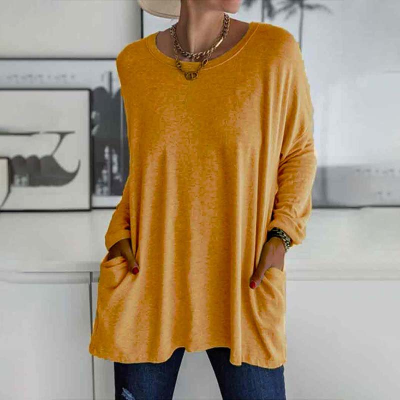Solid Color Loose Soft Cotton Long Sleeve Pockets Top