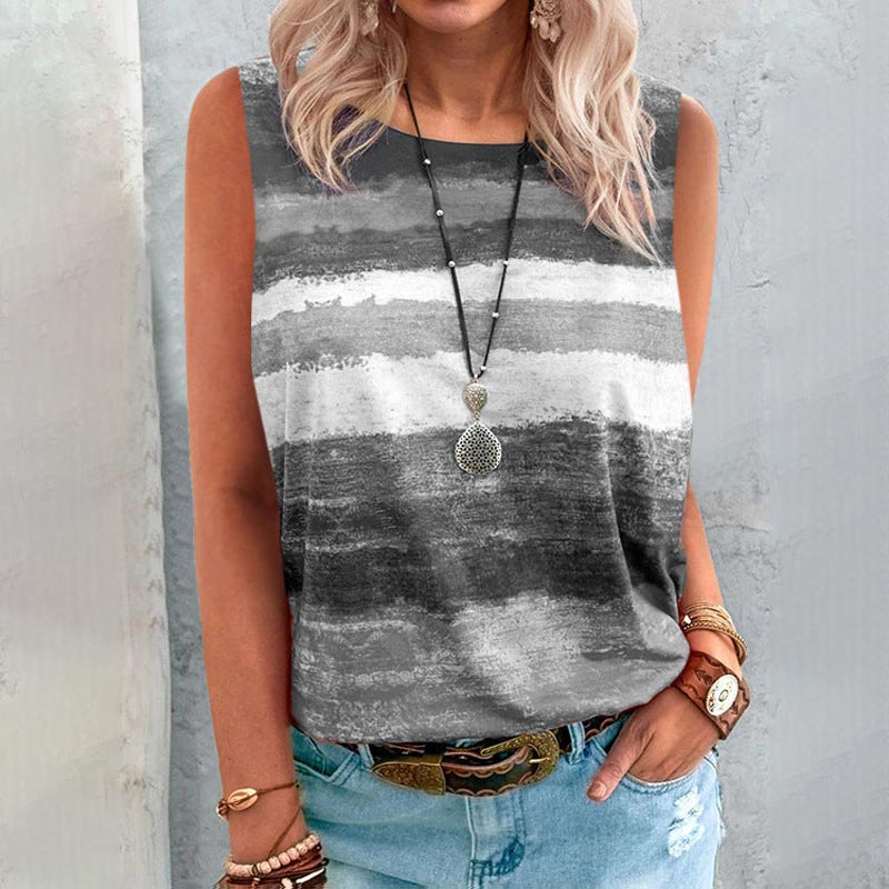 Gradient Color Striped Sleeveless Round Neck T-shirt