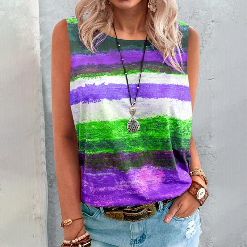 Gradient Color Striped Sleeveless Round Neck T-shirt