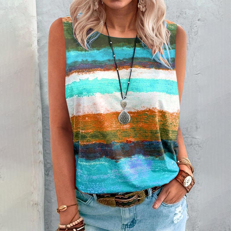 Gradient Color Striped Sleeveless Round Neck T-shirt