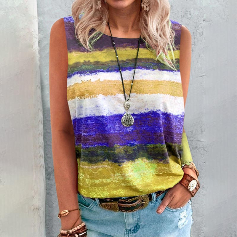 Gradient Color Striped Sleeveless Round Neck T-shirt