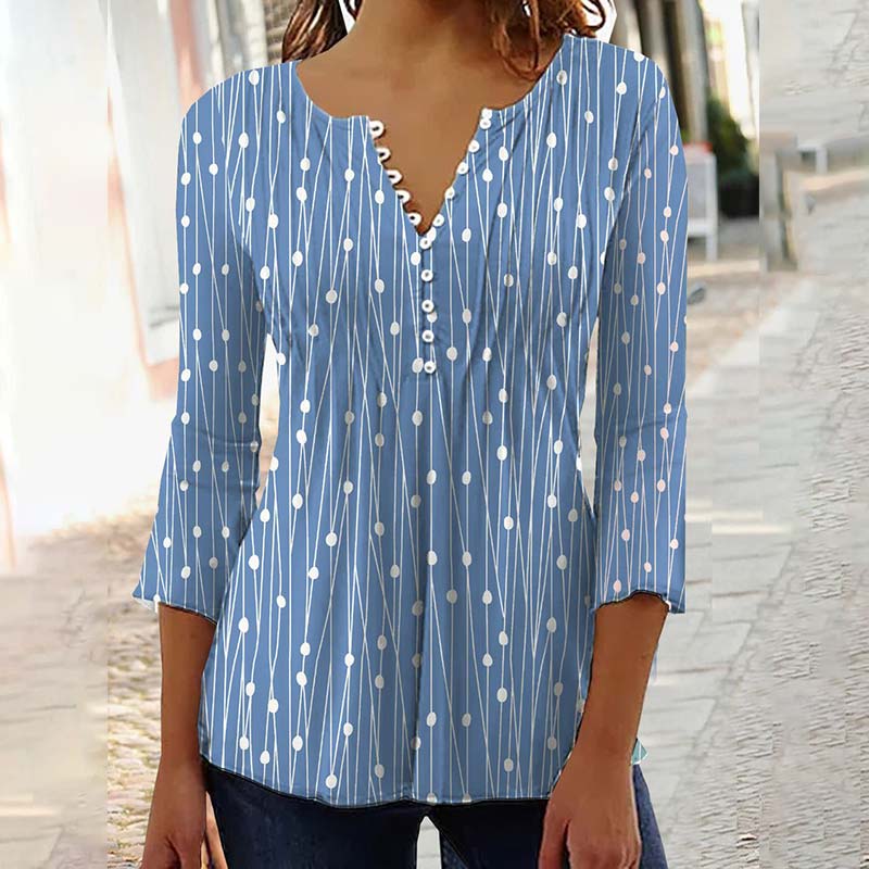 Button V-neck Polka Dot Printed Blouse