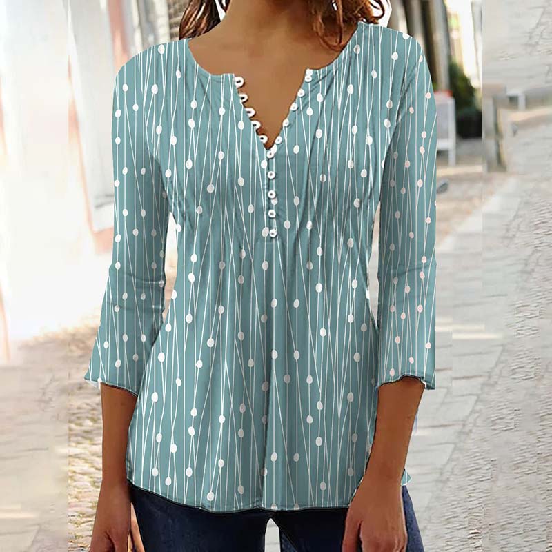 Button V-neck Polka Dot Printed Blouse