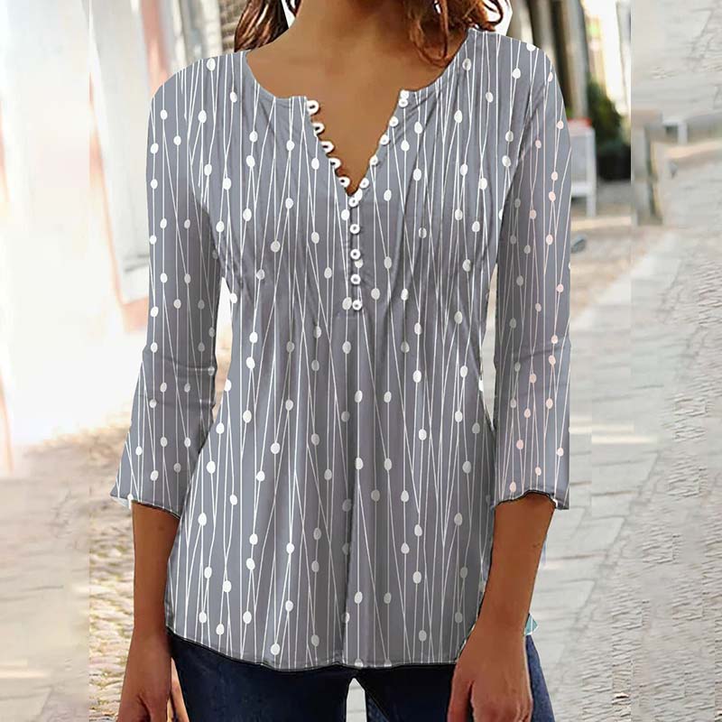 Button V-neck Polka Dot Printed Blouse