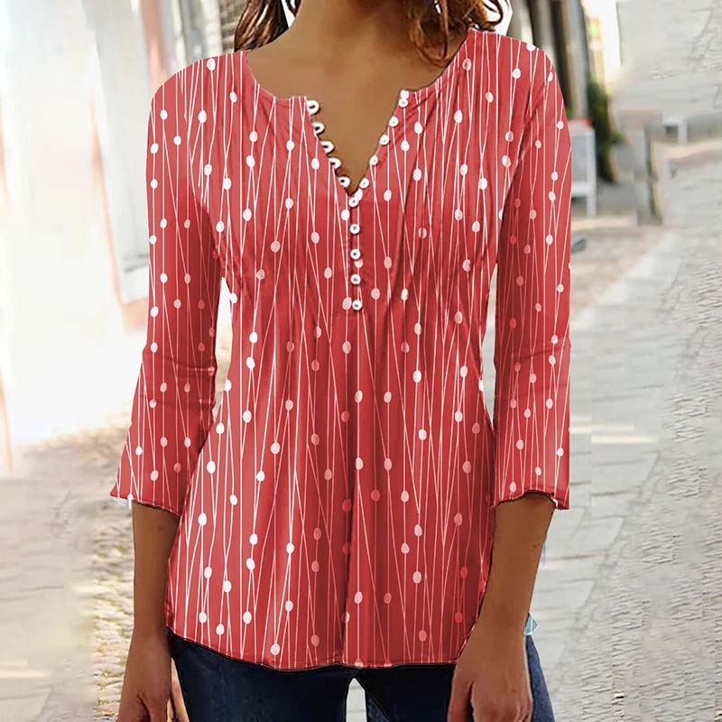 Button V-neck Polka Dot Printed Blouse