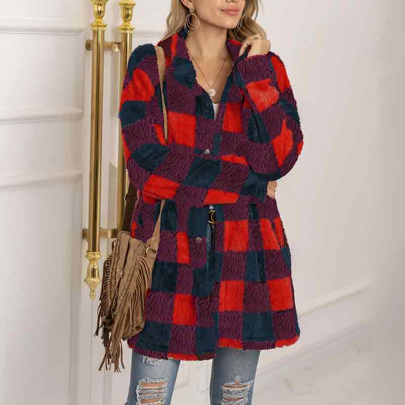 Plush Plaid Lapel Loose Single-breasted Autumn Winter Coat