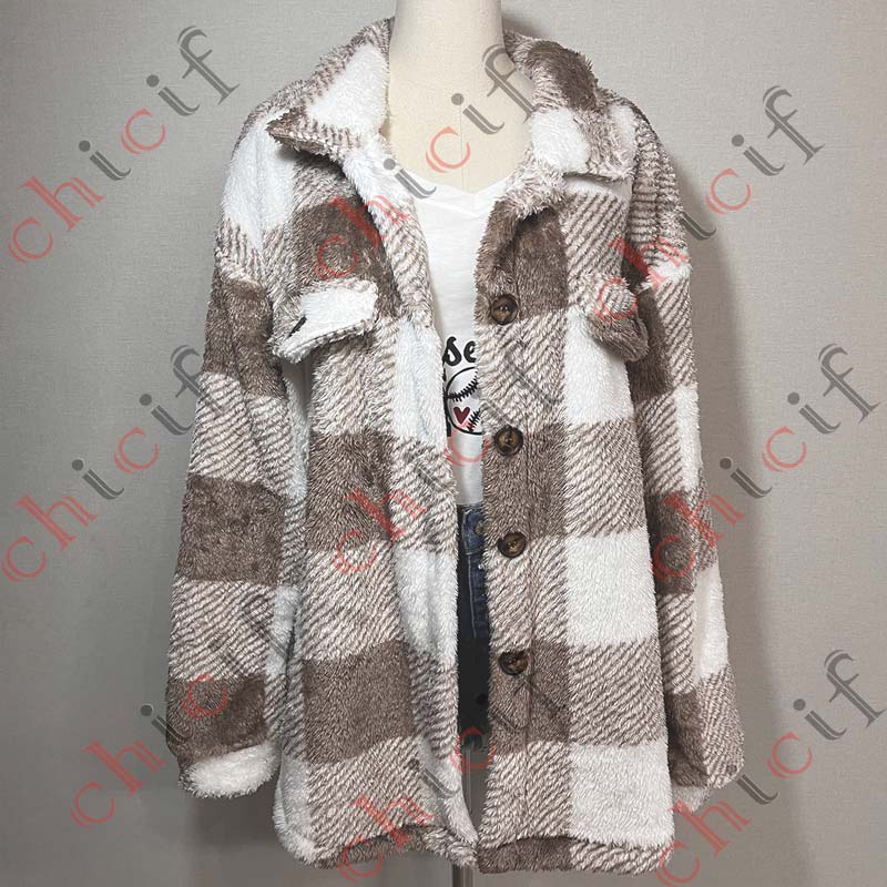 Plaid Printed Single Breasted Plush Pockets Coat