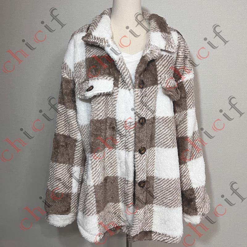 Plaid Printed Single Breasted Plush Pockets Coat