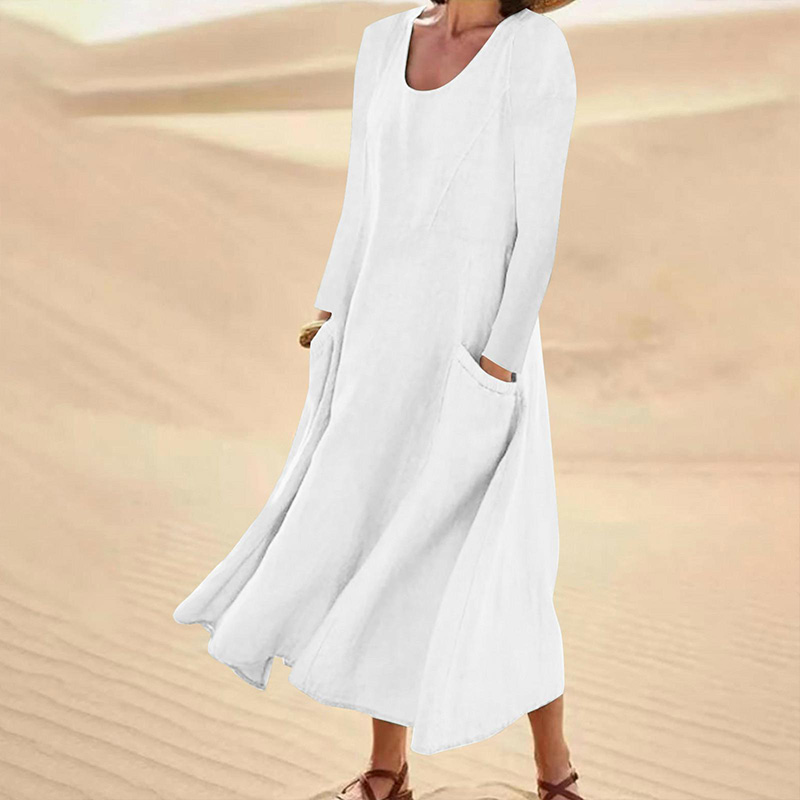 Elegant Long Sleeve Solid Color A-line Pockets Maxi Beach Dress