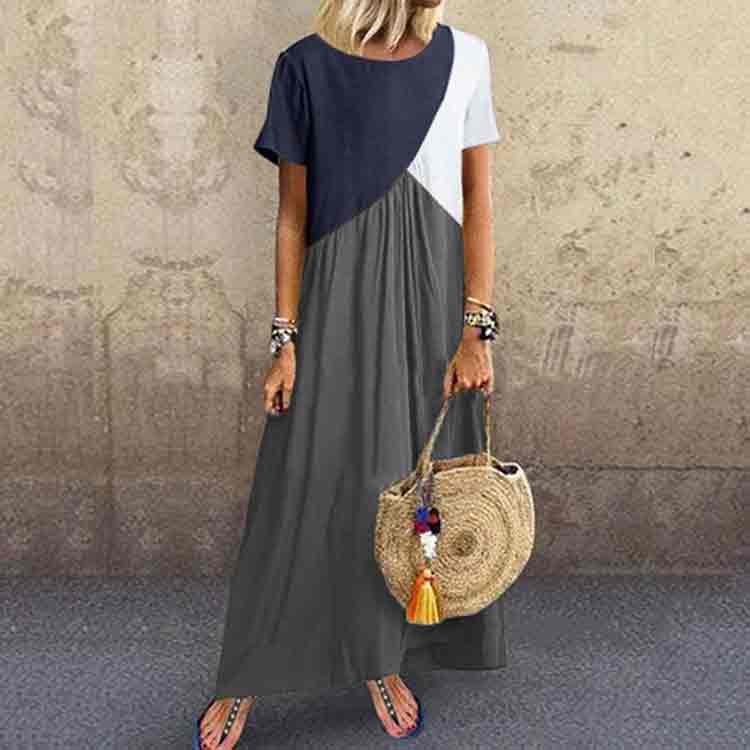 Geometric Stitching Color Blocking Short Sleeve A-line Dress