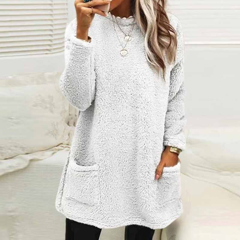 Casual Solid Color Plush Warm Autumn Winter Pockets Long Sweatshirt
