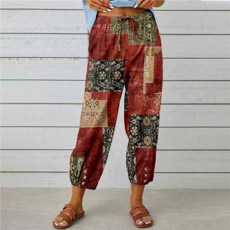 Retro Printed Elastic Waist Drawstring Button Decorated Cropped Trousers