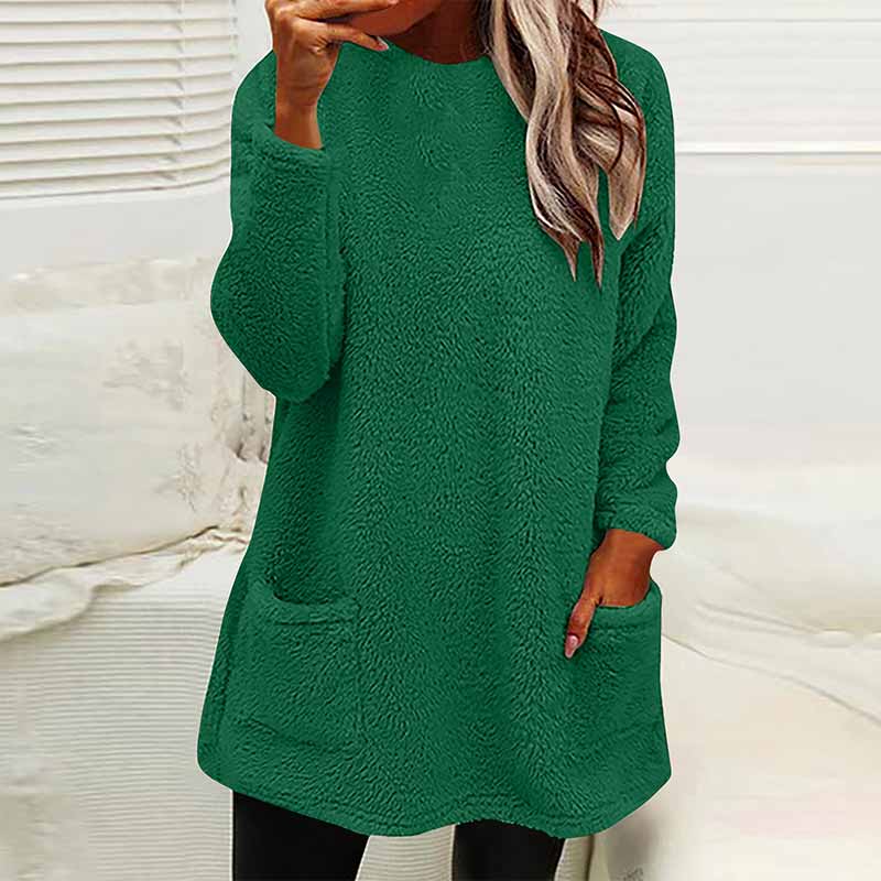 Casual Solid Color Plush Warm Autumn Winter Pockets Long Sweatshirt
