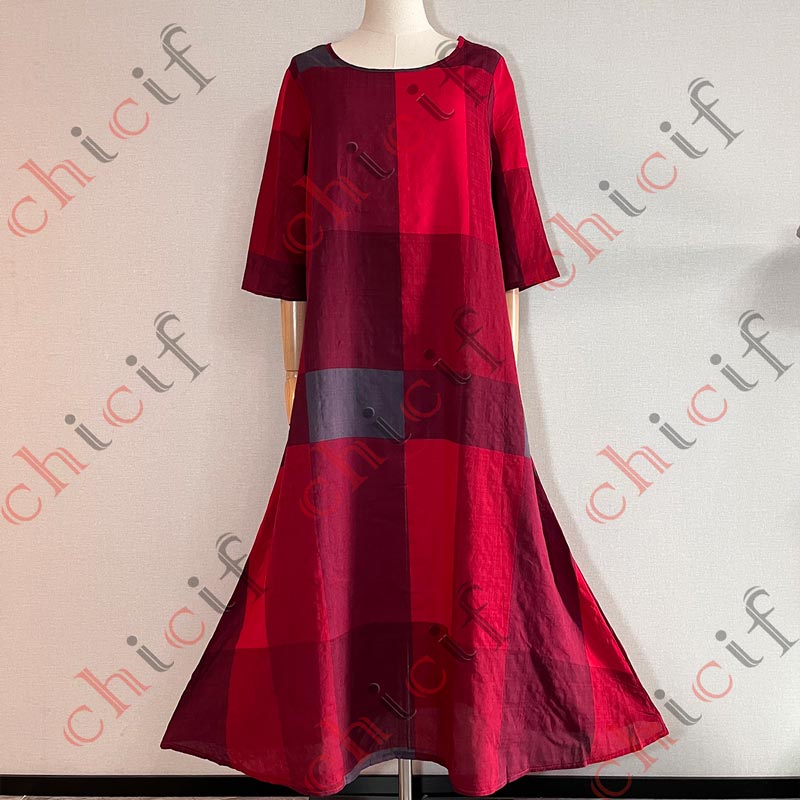 Vintage Round Neck Three Quarter Sleeve Plaid Printed Dress