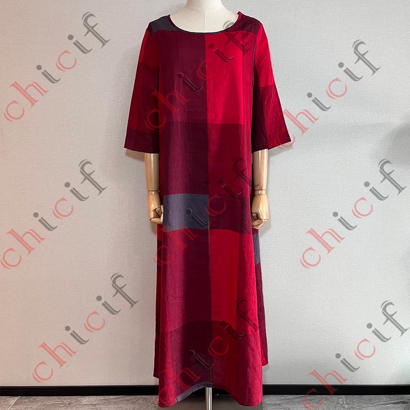 Vintage Round Neck Three Quarter Sleeve Plaid Printed Dress