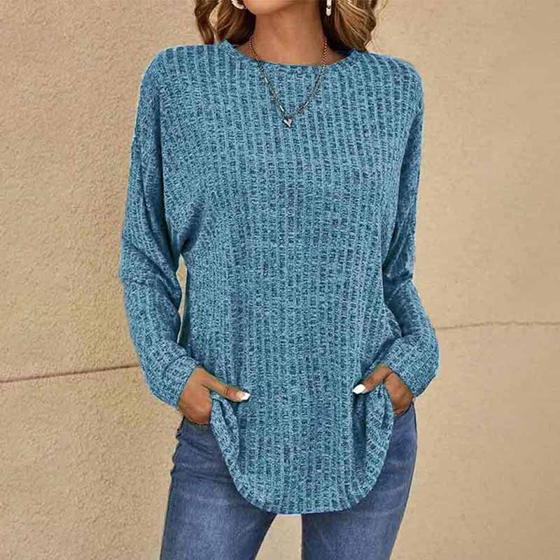 Solid Color Round Neck Ribbed Loose Long Sleeve Knitted Top