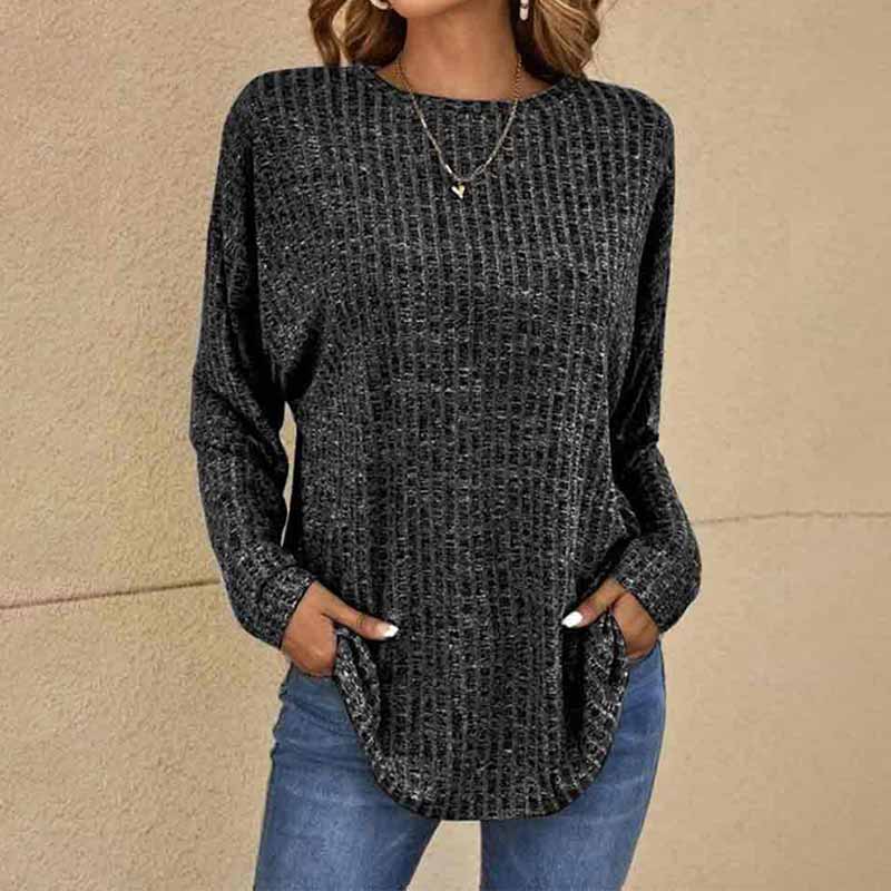 Solid Color Round Neck Ribbed Loose Long Sleeve Knitted Top