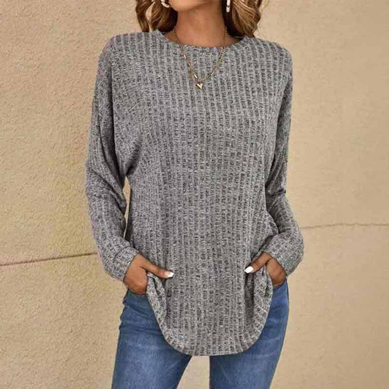 Solid Color Round Neck Ribbed Loose Long Sleeve Knitted Top