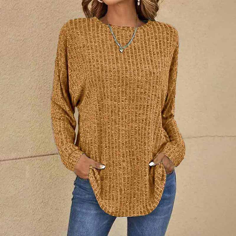 Solid Color Round Neck Ribbed Loose Long Sleeve Knitted Top
