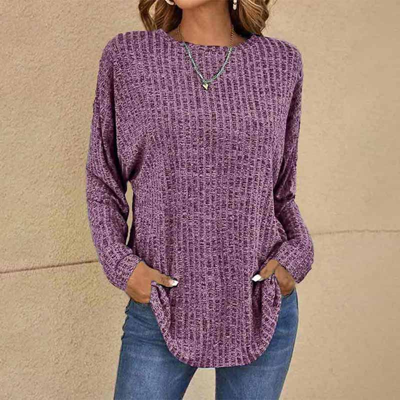 Solid Color Round Neck Ribbed Loose Long Sleeve Knitted Top
