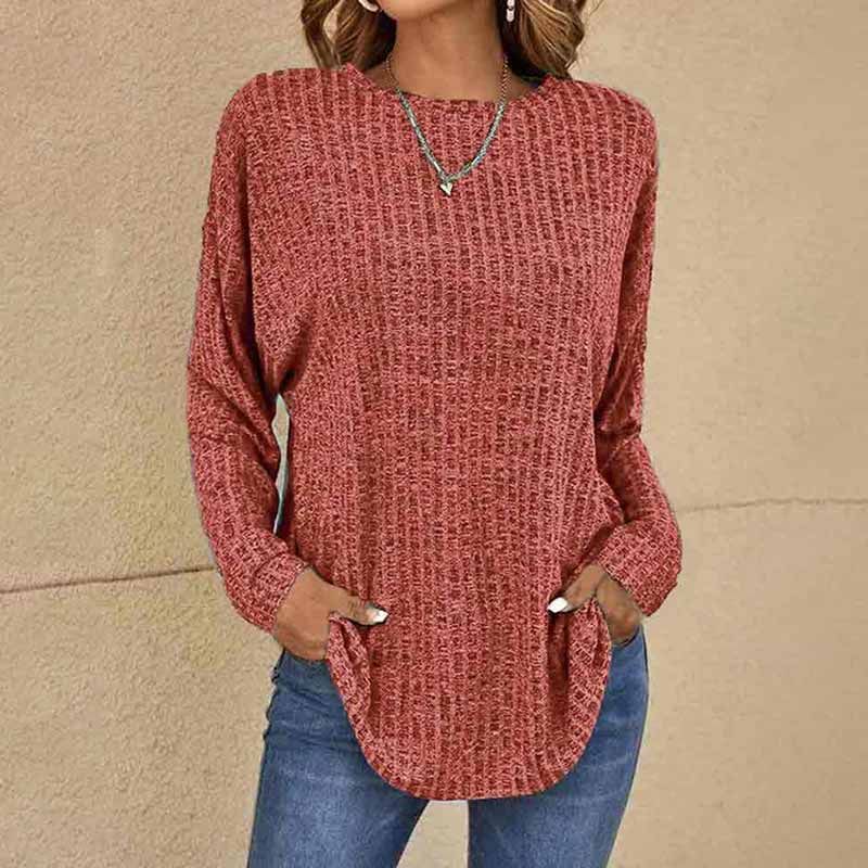 Solid Color Round Neck Ribbed Loose Long Sleeve Knitted Top