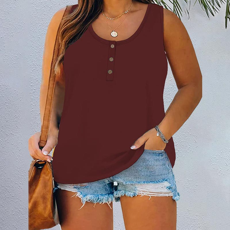 Plus Size Solid Color Button Round Neck Sleeveless Loose T-shirt