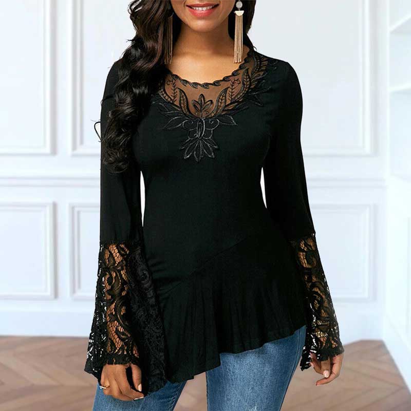 Long Sleeve Lace Stitching Round Neck A-line Tunic Blouse