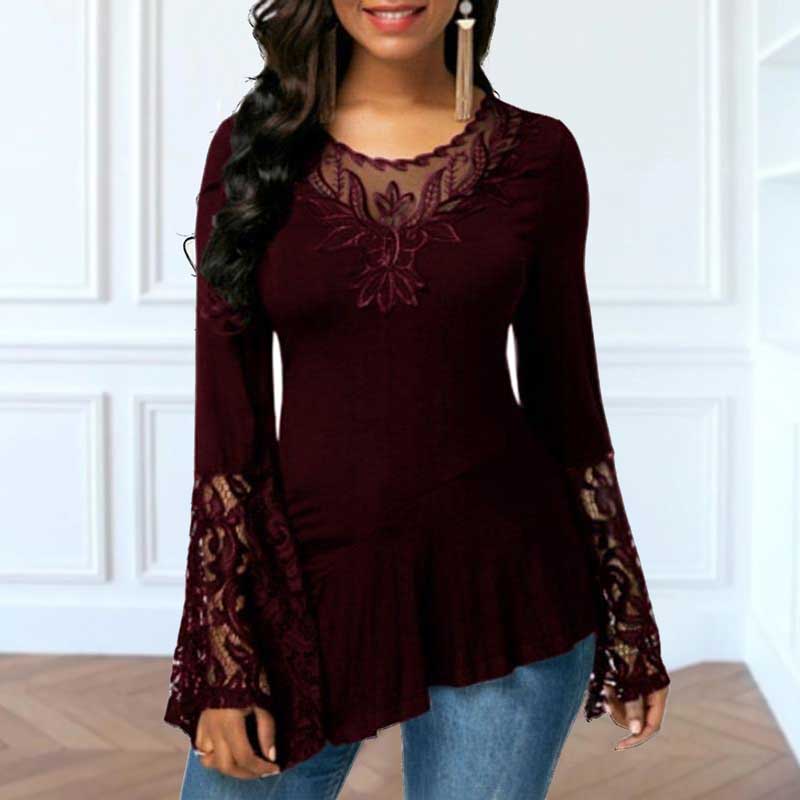 Long Sleeve Lace Stitching Round Neck A-line Tunic Blouse