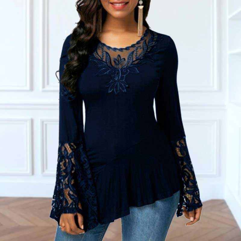 Long Sleeve Lace Stitching Round Neck A-line Tunic Blouse