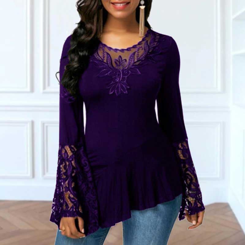 Long Sleeve Lace Stitching Round Neck A-line Tunic Blouse