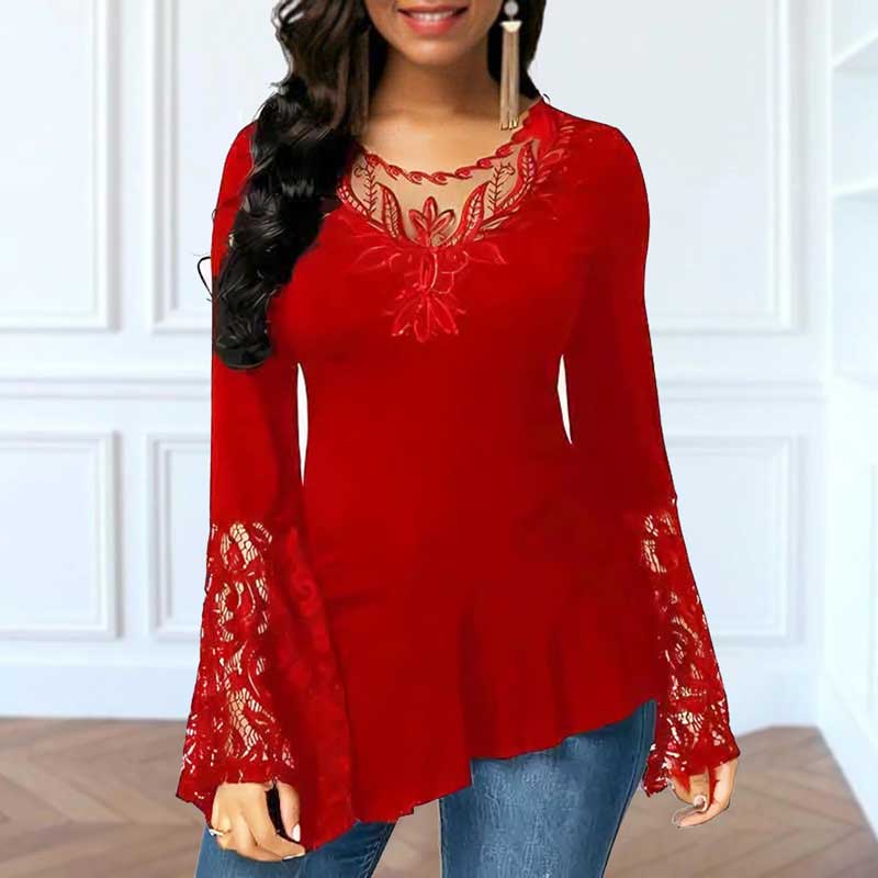 Long Sleeve Lace Stitching Round Neck A-line Tunic Blouse