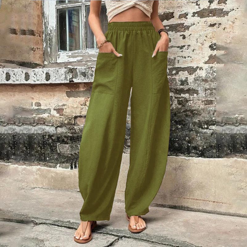 Trendy Elastic Hight Waist Solid Color Pockets Casual Straight Pants