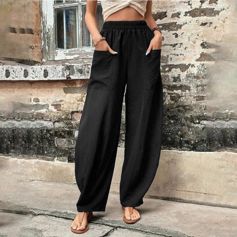 Trendy Elastic Hight Waist Solid Color Pockets Casual Straight Pants