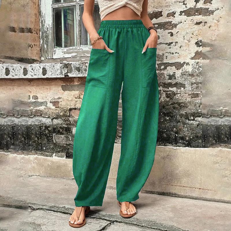 Trendy Elastic Hight Waist Solid Color Pockets Casual Straight Pants