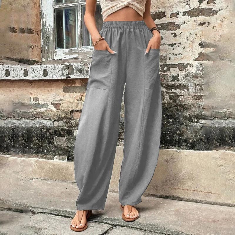 Trendy Elastic Hight Waist Solid Color Pockets Casual Straight Pants